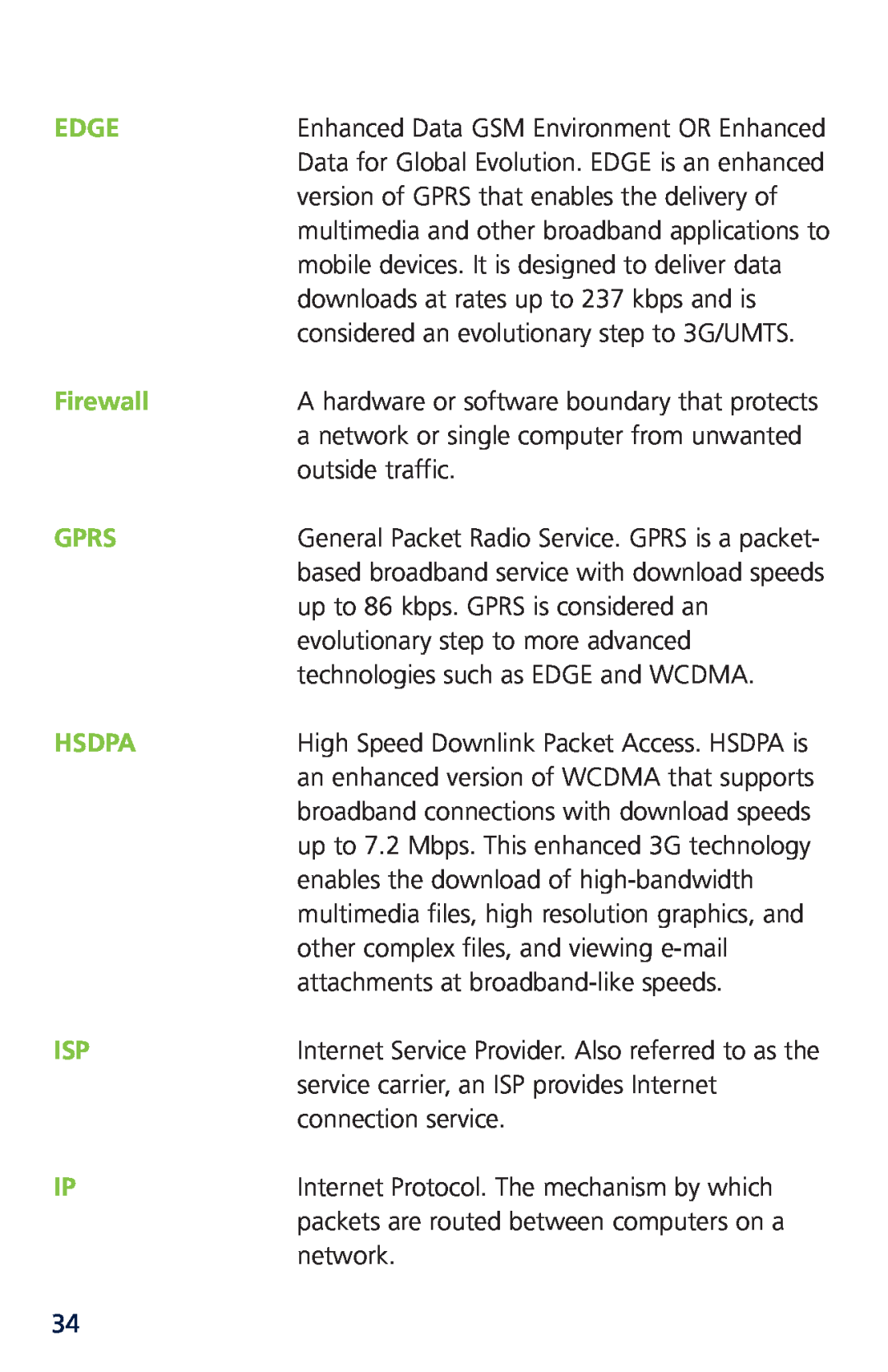 Novatel XU870 manual Edge, Firewall, Gprs, Hsdpa 