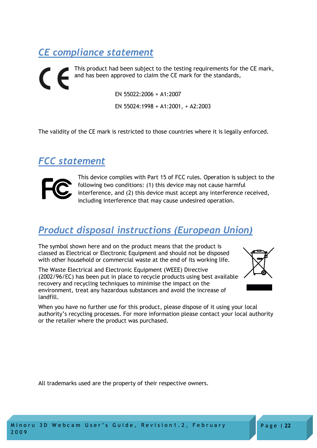 Novo Minoru Minoru 3D manual CE compliance statement, FCC statement, Product disposal instructions European Union 