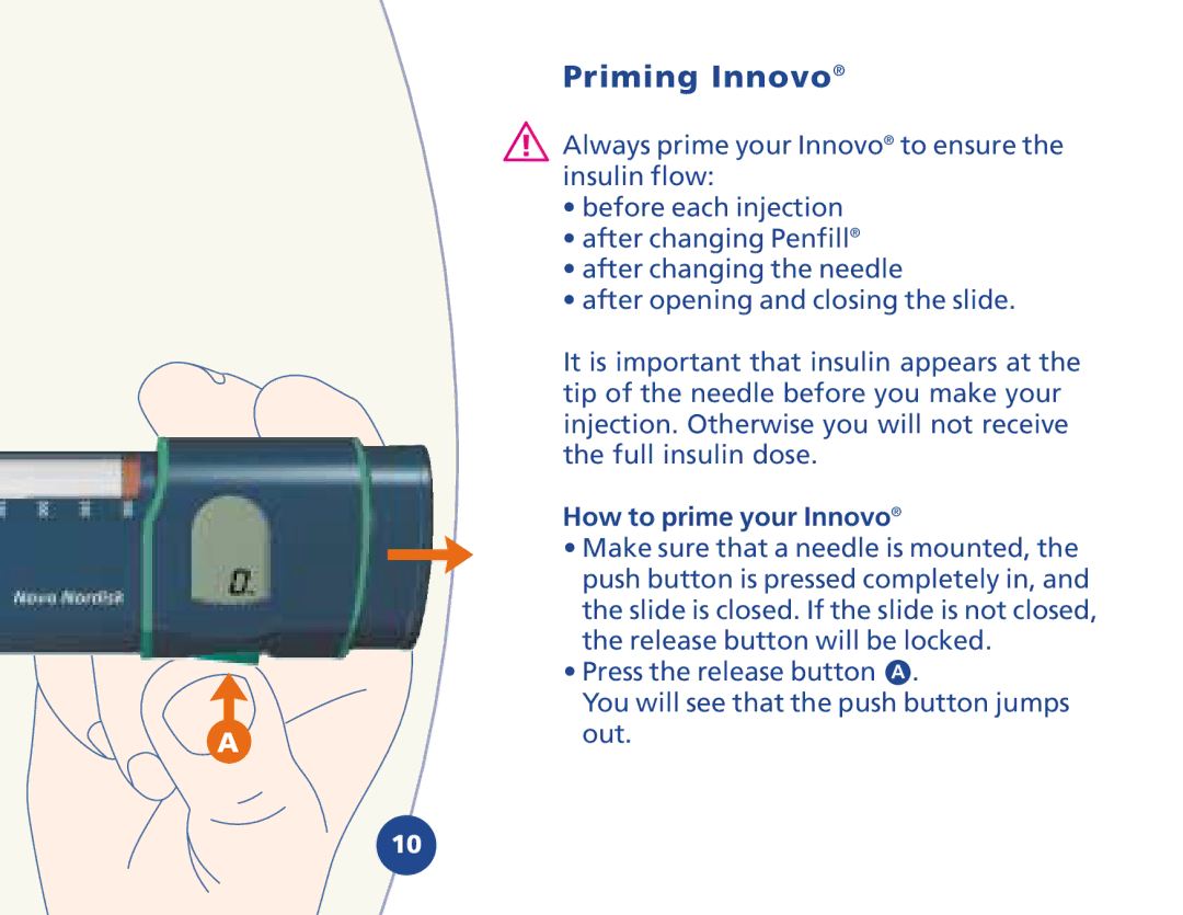 Novo Nordisk 510620 manual Priming Innovo, How to prime your Innovo 