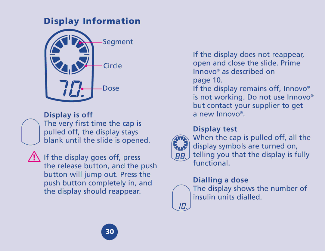 Novo Nordisk 510620 manual Display Information, Display test, Dialling a dose 