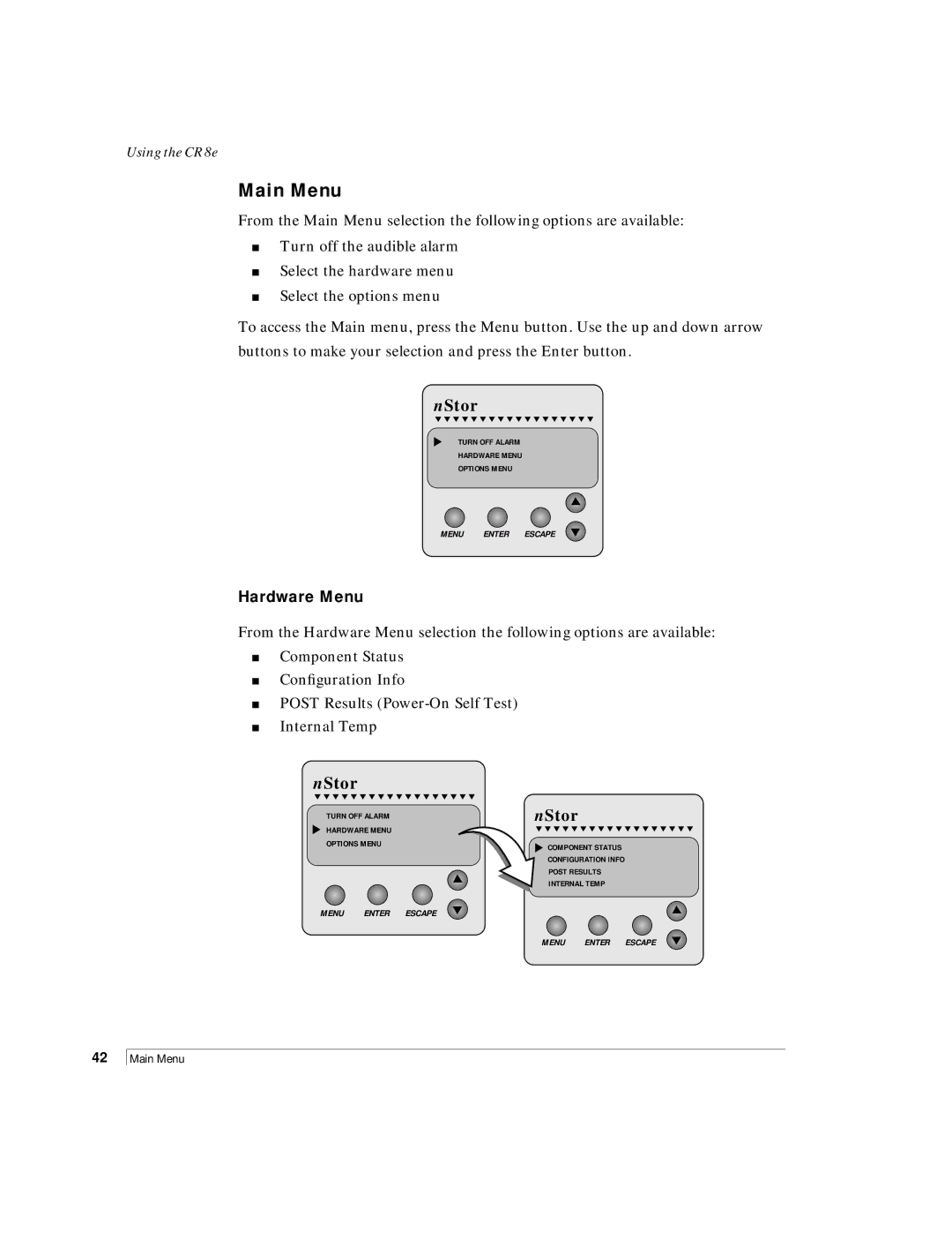 NStor Technologies CR8e, Disk Array Enclosure manual Main Menu, Hardware Menu 