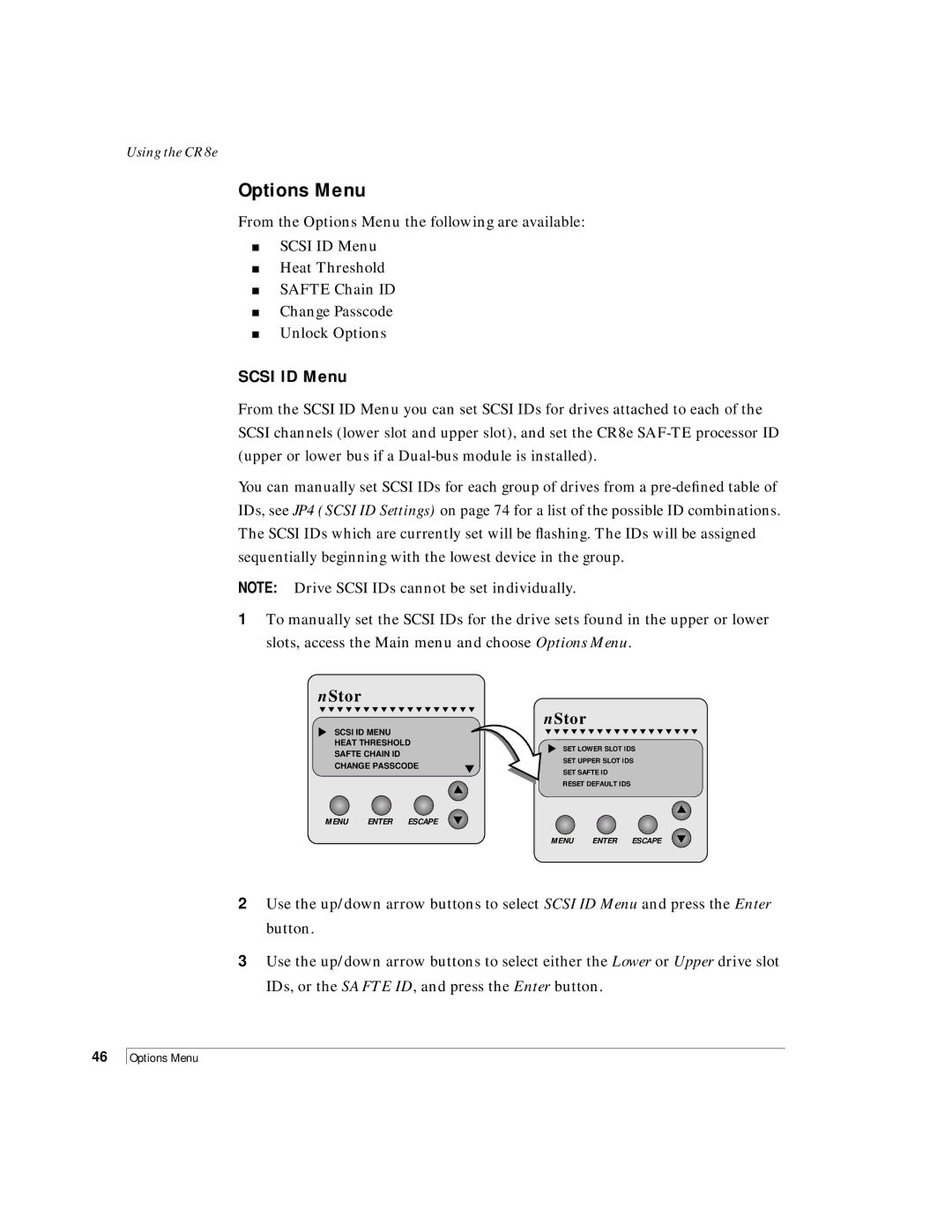 NStor Technologies CR8e, Disk Array Enclosure manual Options Menu, Scsi ID Menu 