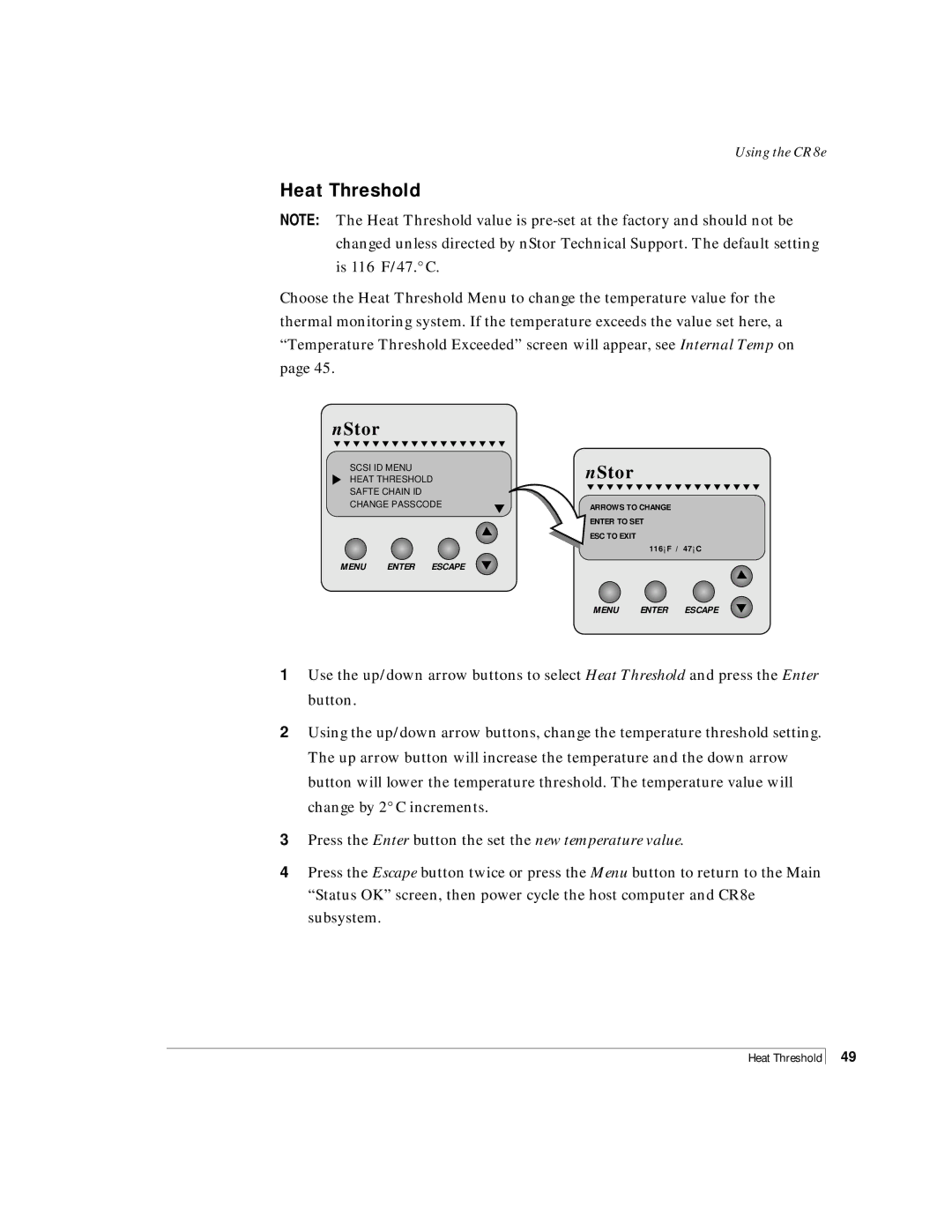 NStor Technologies Disk Array Enclosure, CR8e manual Heat Threshold 