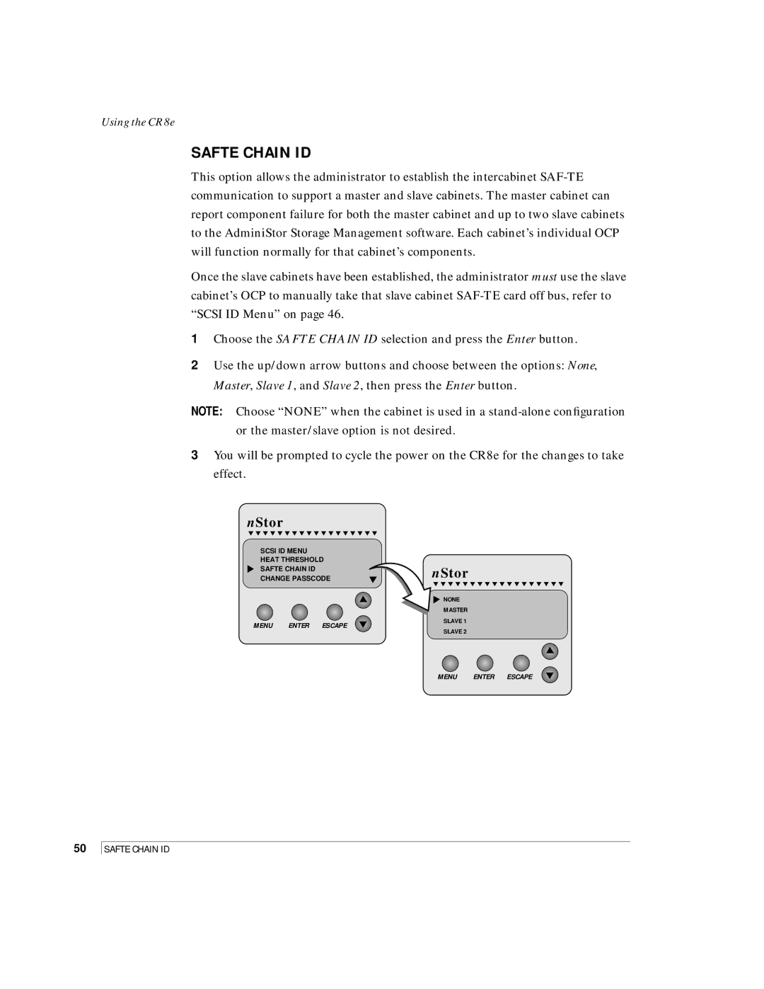 NStor Technologies CR8e, Disk Array Enclosure manual Safte Chain ID 