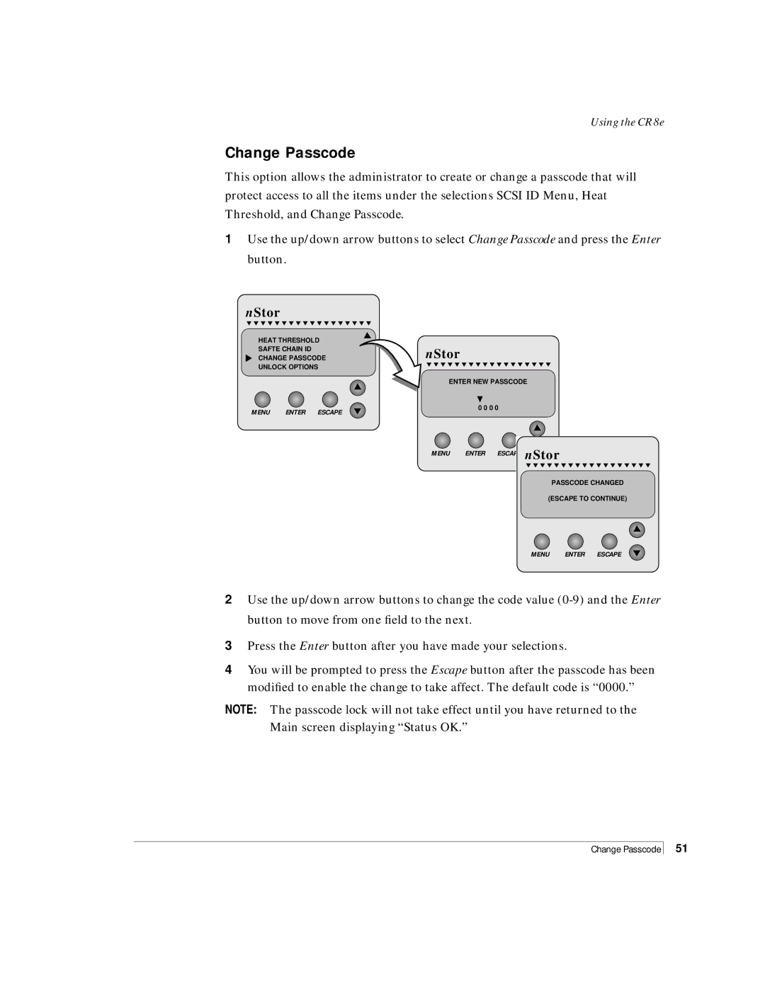 NStor Technologies Disk Array Enclosure, CR8e manual Change Passcode 