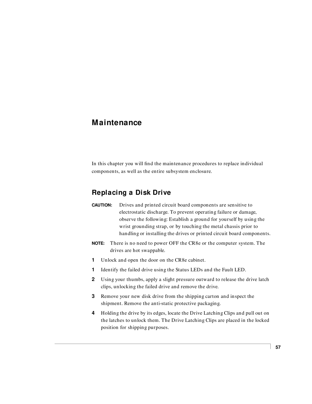 NStor Technologies Disk Array Enclosure, CR8e manual Maintenance, Replacing a Disk Drive 