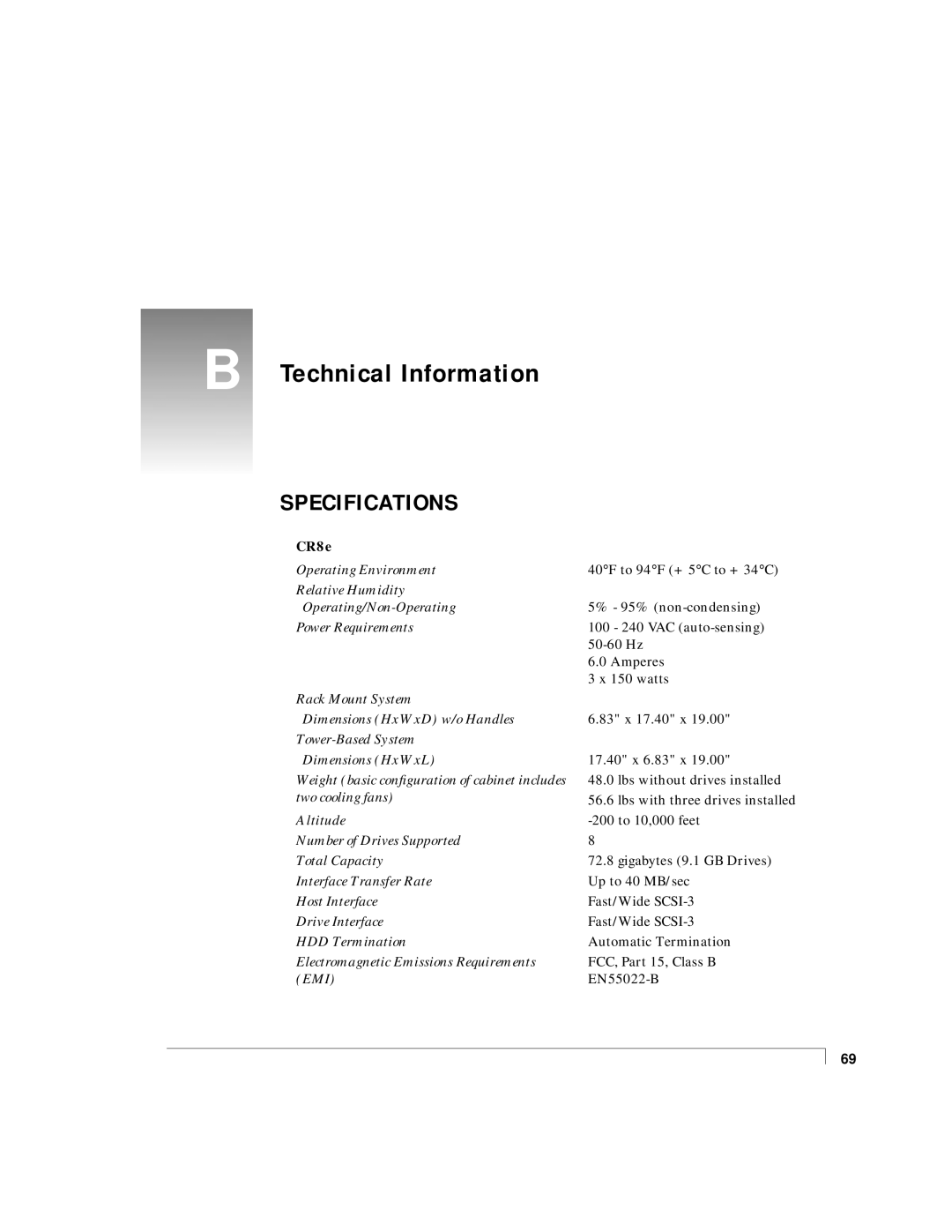 NStor Technologies Disk Array Enclosure, CR8e manual Technical Information, Specifications 