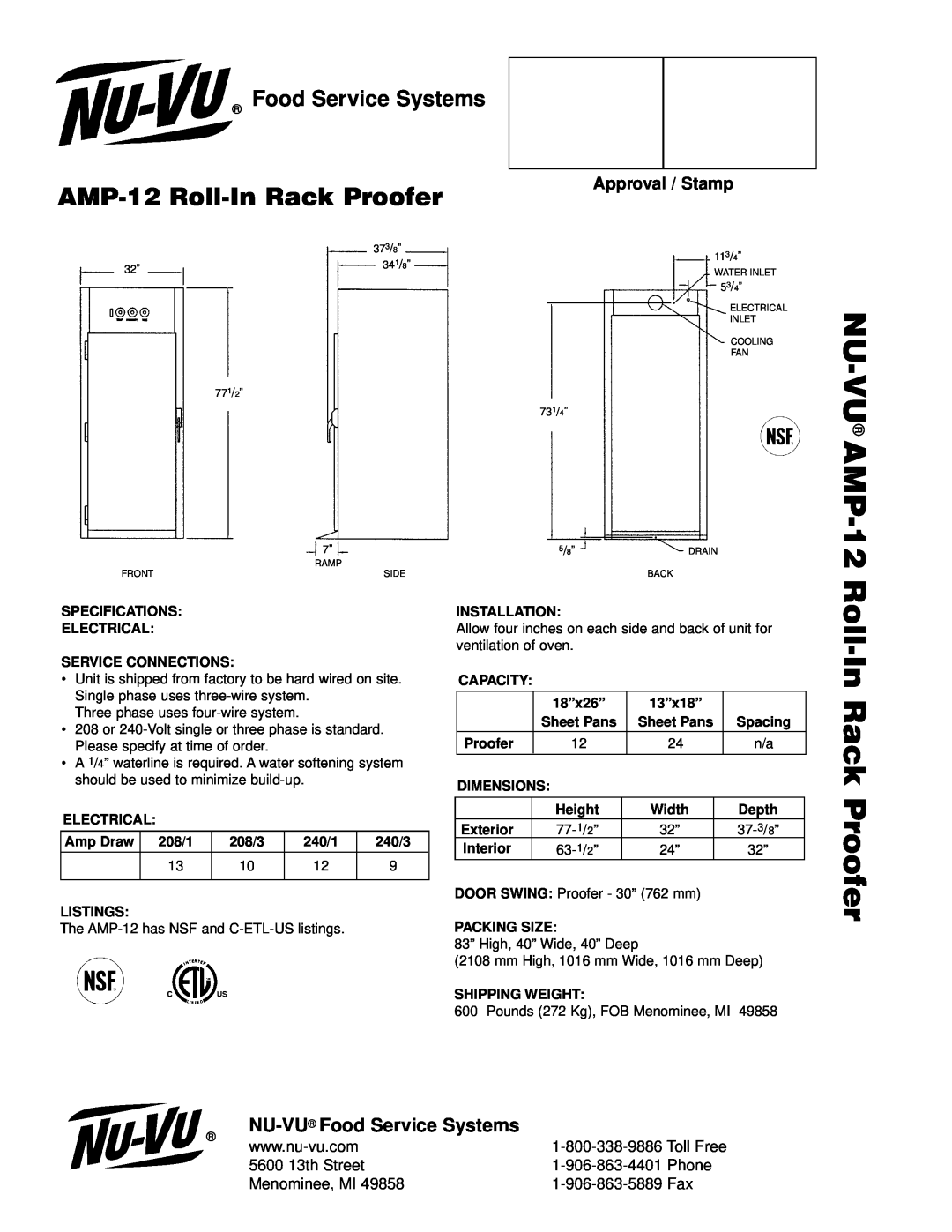 Nu-Vu NU-VU AMP-12, AMP-12 Roll-InRack Proofer, NU-VU Food Service Systems, Approval / Stamp, 5600 13th Street 
