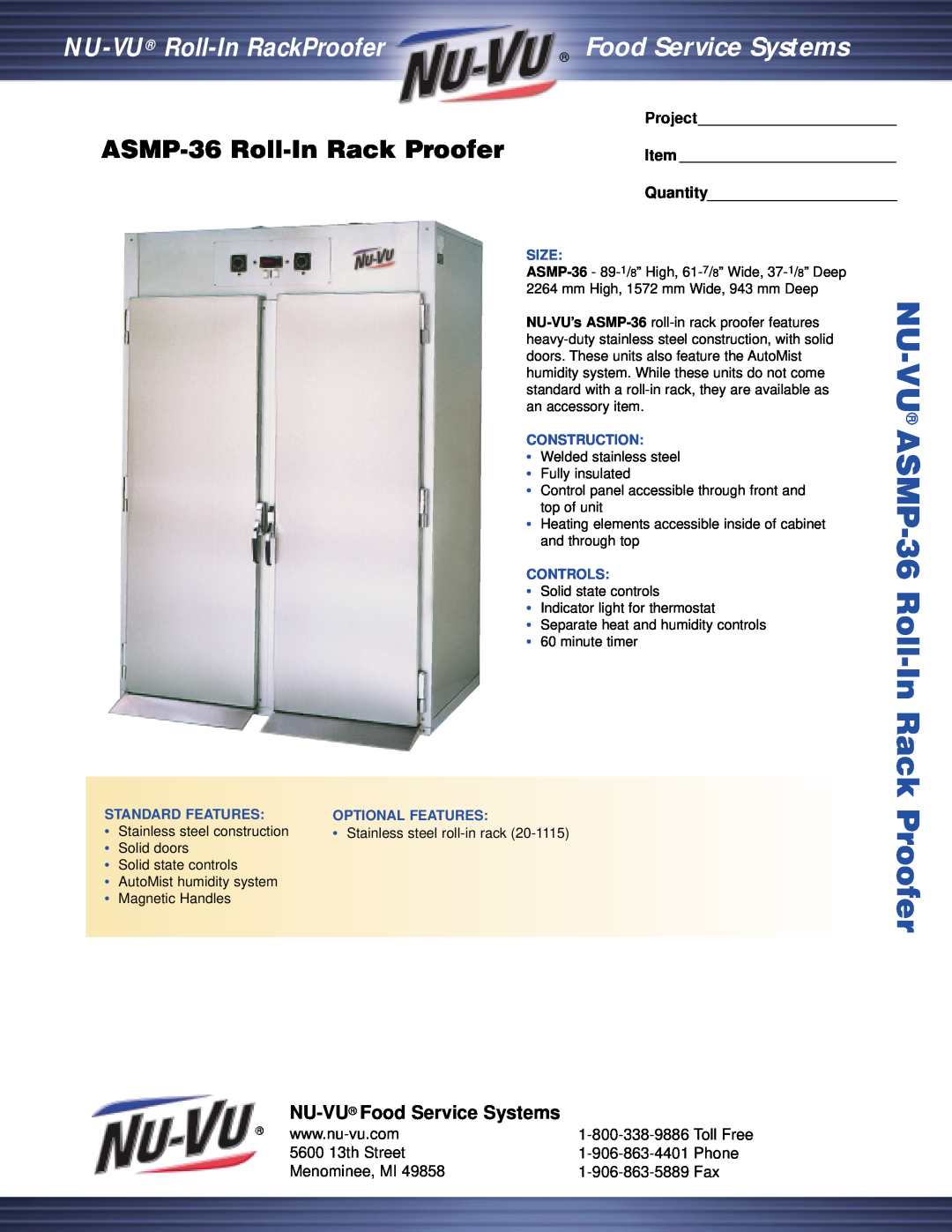 Nu-Vu manual ASMP-36 Roll-InRack Proofer, NU-VU Food Service Systems, 5600 13th Street, Phone, Menominee, MI, Project 