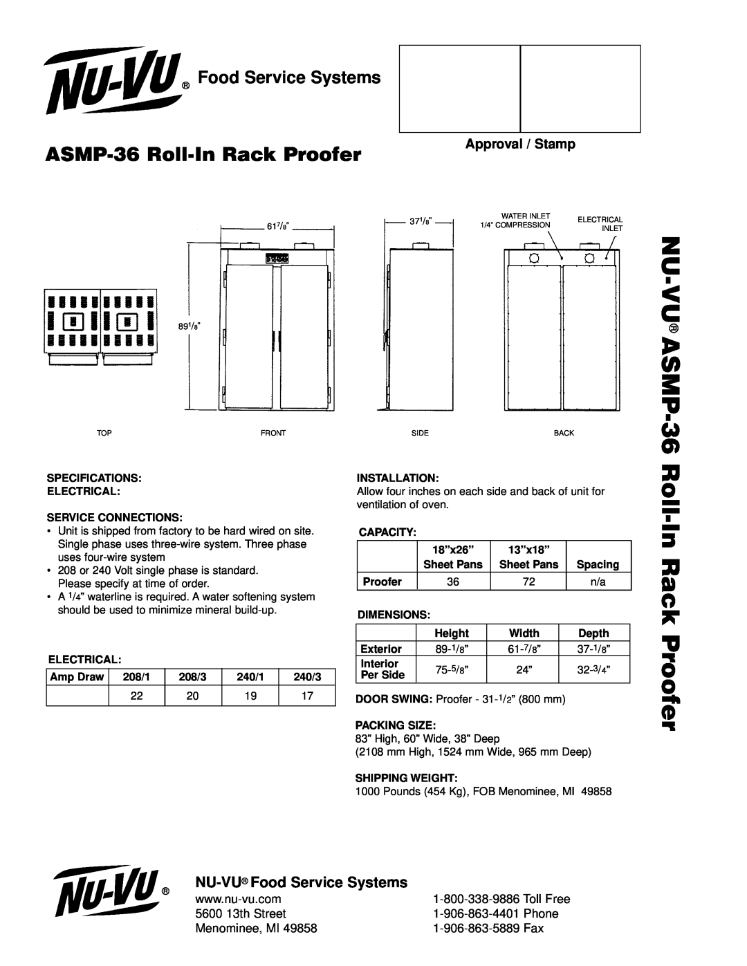 Nu-Vu manual NU-VU ASMP-36, ASMP-36 Roll-InRack Proofer, NU-VU Food Service Systems, Approval / Stamp, Phone 