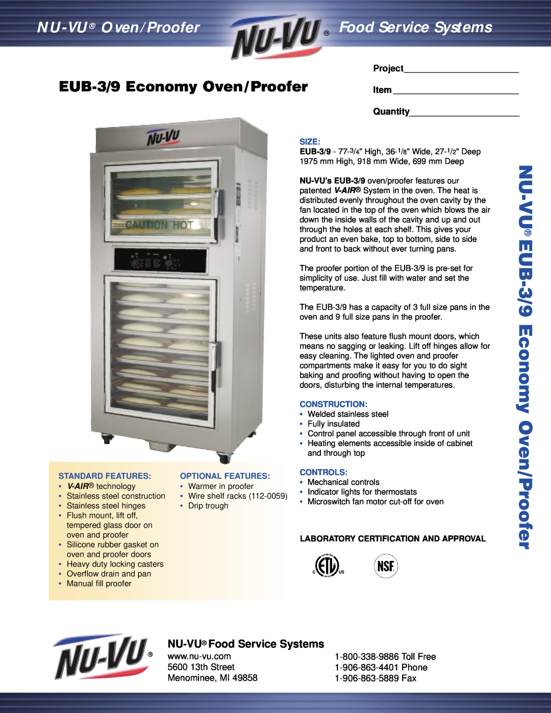 Nu-Vu manual EUB-3/9Economy Oven/Proofer, NU-VU Food Service Systems, 5600 13th Street, Phone, Menominee, MI, Project 