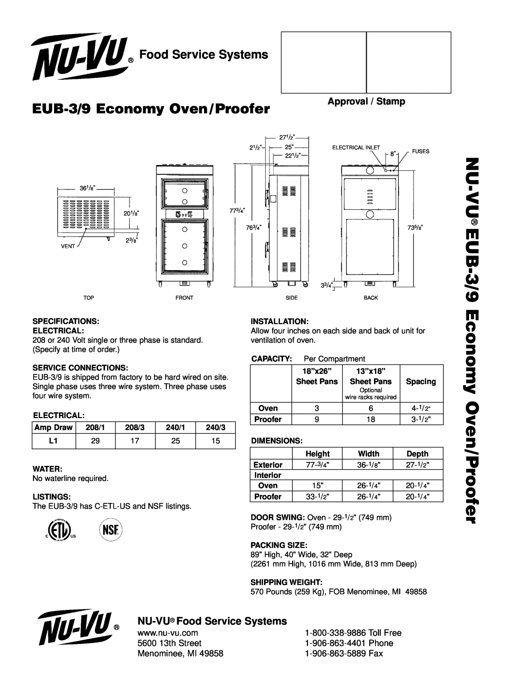 Nu-Vu manual NU-VU EUB-3/9, EUB-3/9Economy Oven/Proofer, NU-VU Food Service Systems, Approval / Stamp, Phone 
