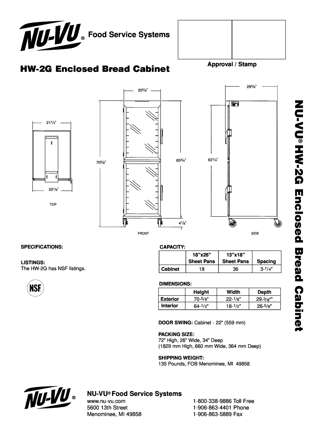Nu-Vu Nu-Vu Hw, HW-2GEnclosed Bread Cabinet, NU-VU Food Service Systems, Approval / Stamp, 5600 13th Street 