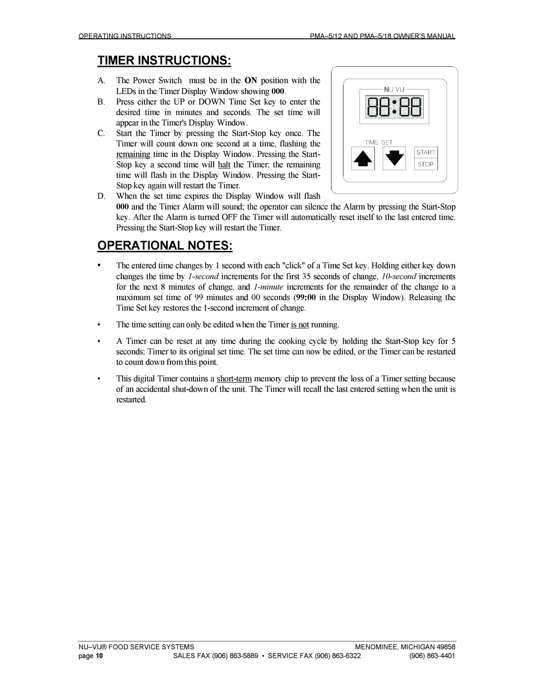 Nu-Vu PMA 5/18, PMA -5/12 owner manual Timer Instructions 