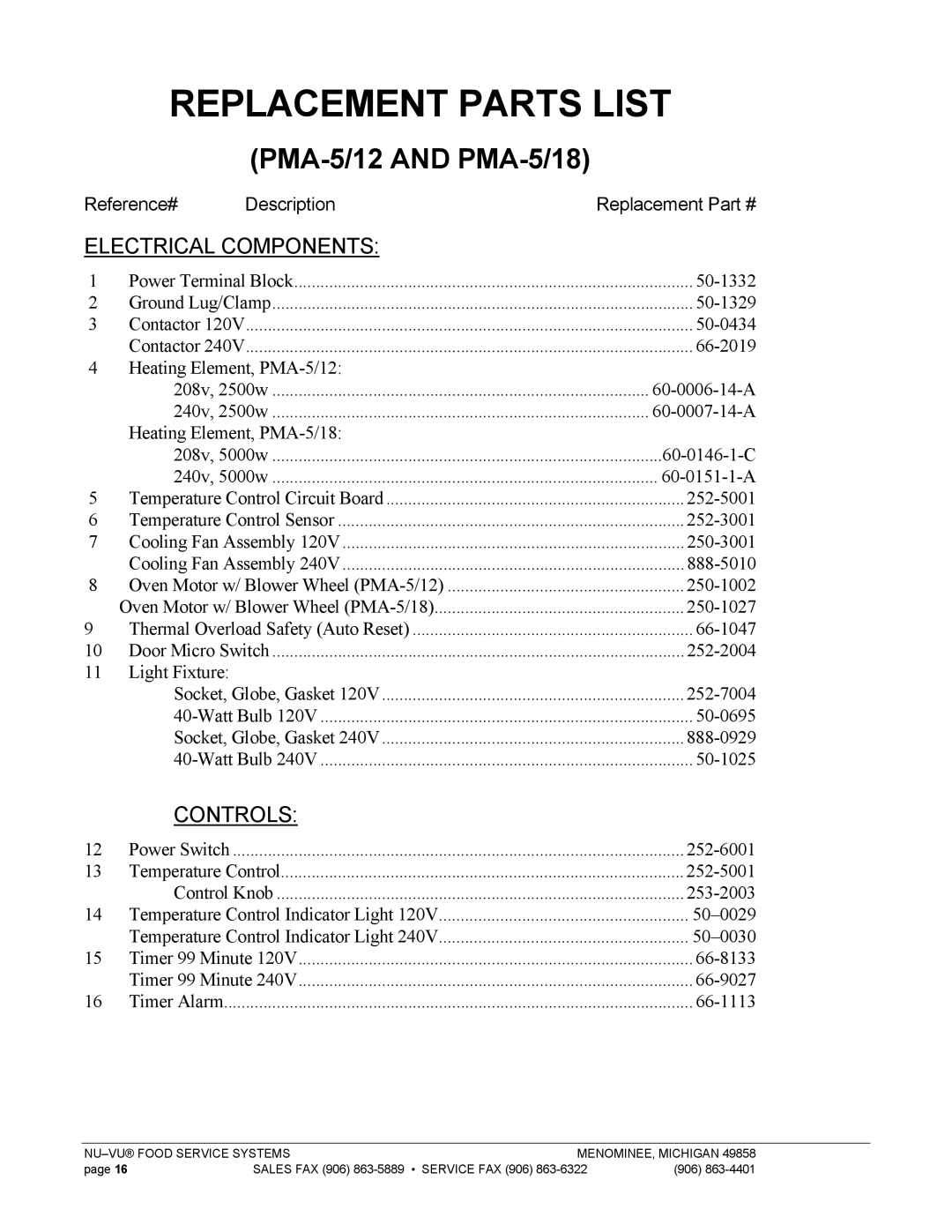 Nu-Vu PMA 5/18, PMA -5/12 owner manual Replacement Parts List, PMA-5/12 and PMA-5/18 