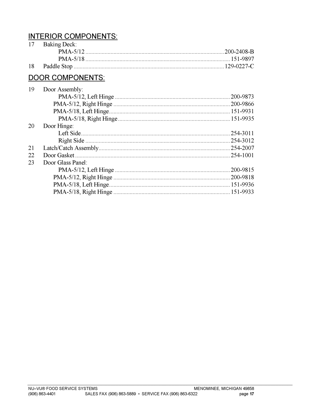 Nu-Vu PMA -5/12, PMA 5/18 owner manual Interior Components 