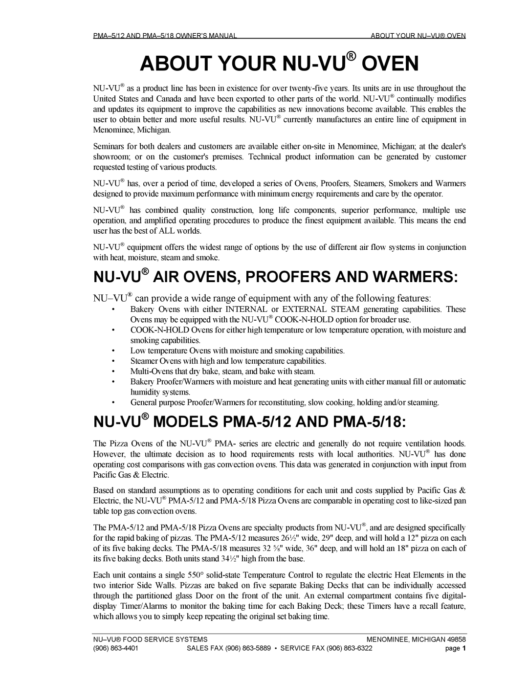 Nu-Vu PMA -5/12, PMA 5/18 About Your NU-VUOVEN, NU-VUAIR OVENS, Proofers and Warmers, NU-VUMODELS PMA-5/12 and PMA-5/18 