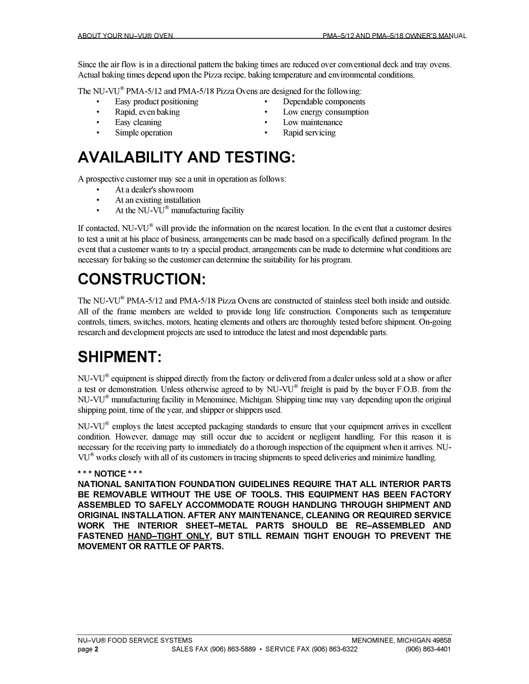 Nu-Vu PMA 5/18, PMA -5/12 owner manual Availability and Testing, Construction, Shipment 