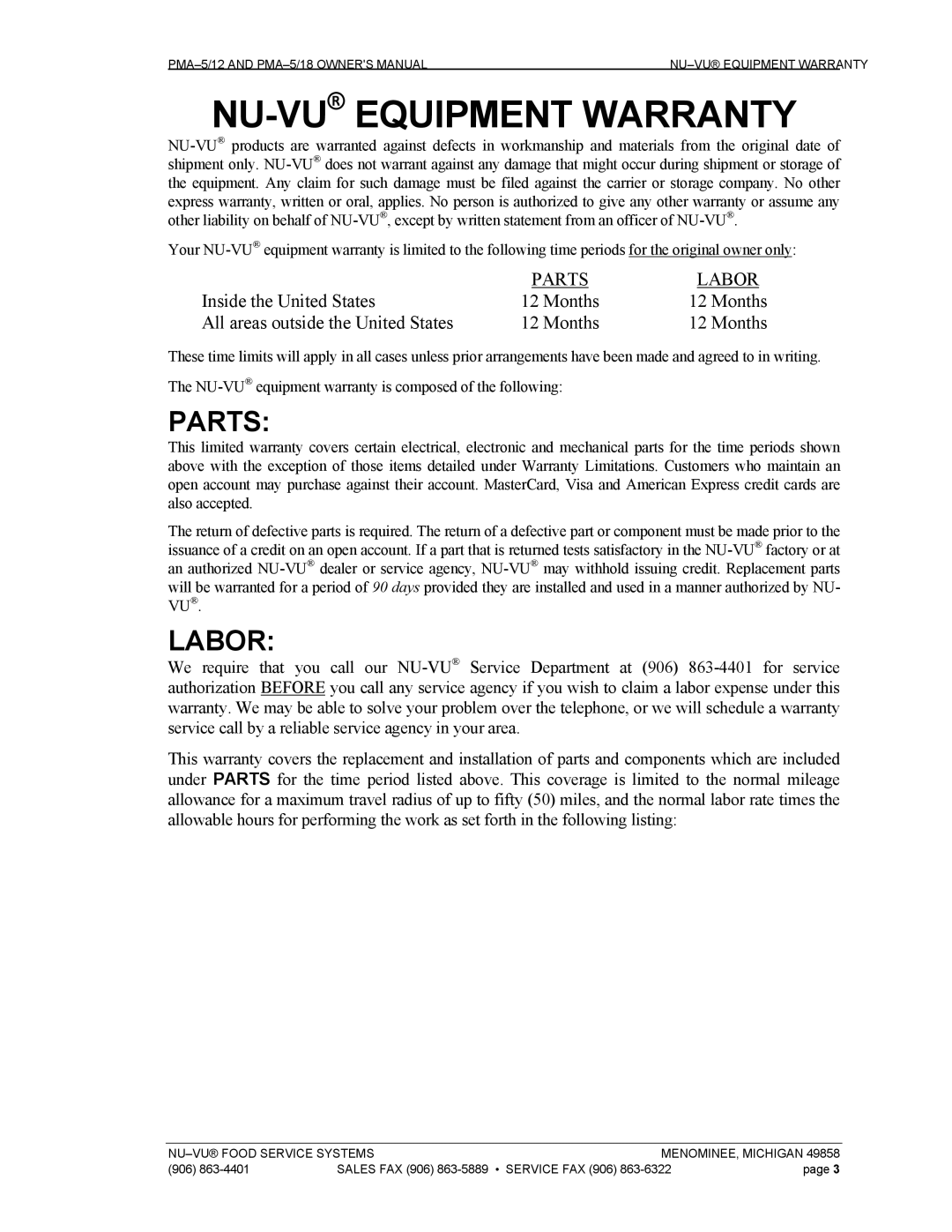 Nu-Vu PMA -5/12, PMA 5/18 owner manual NU-VUEQUIPMENT Warranty, Parts, Labor 