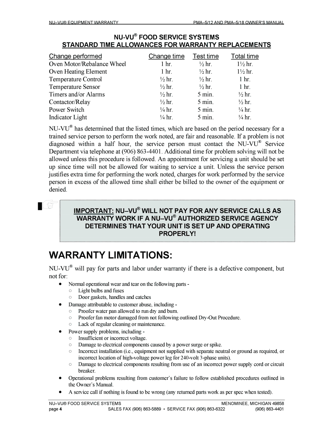 Nu-Vu PMA 5/18, PMA -5/12 owner manual Warranty Limitations, Test time Total time 