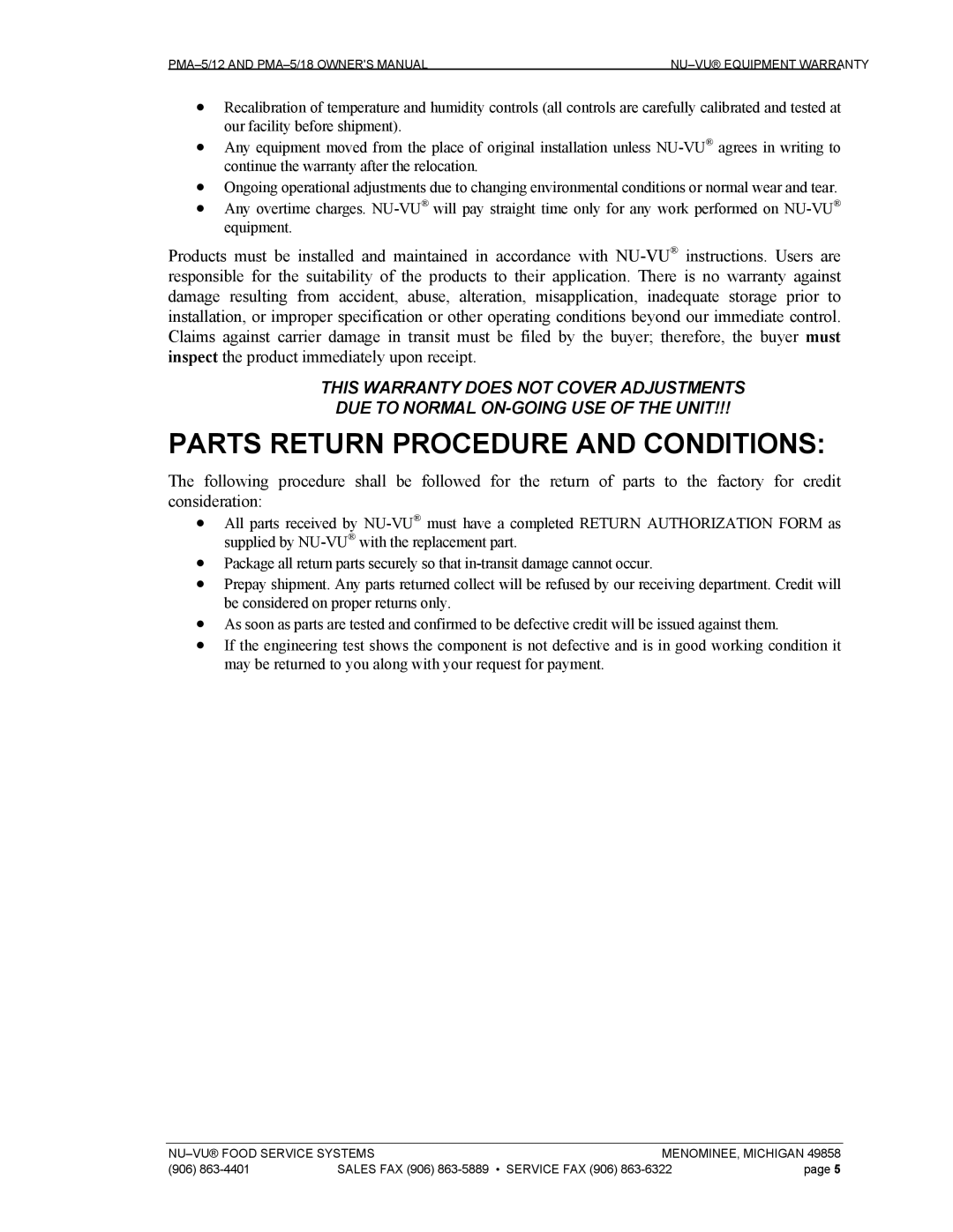 Nu-Vu PMA -5/12, PMA 5/18 owner manual Parts Return Procedure and Conditions 