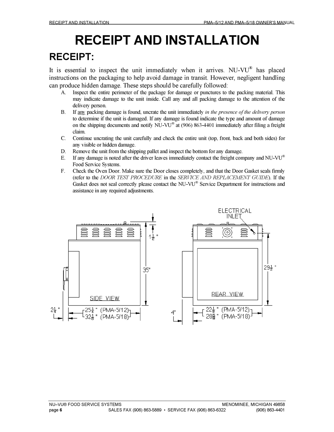 Nu-Vu PMA 5/18, PMA -5/12 owner manual Receipt and Installation 