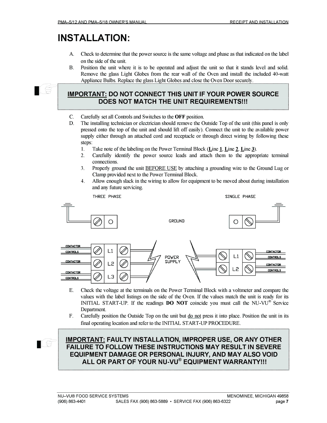 Nu-Vu PMA -5/12, PMA 5/18 owner manual Installation 