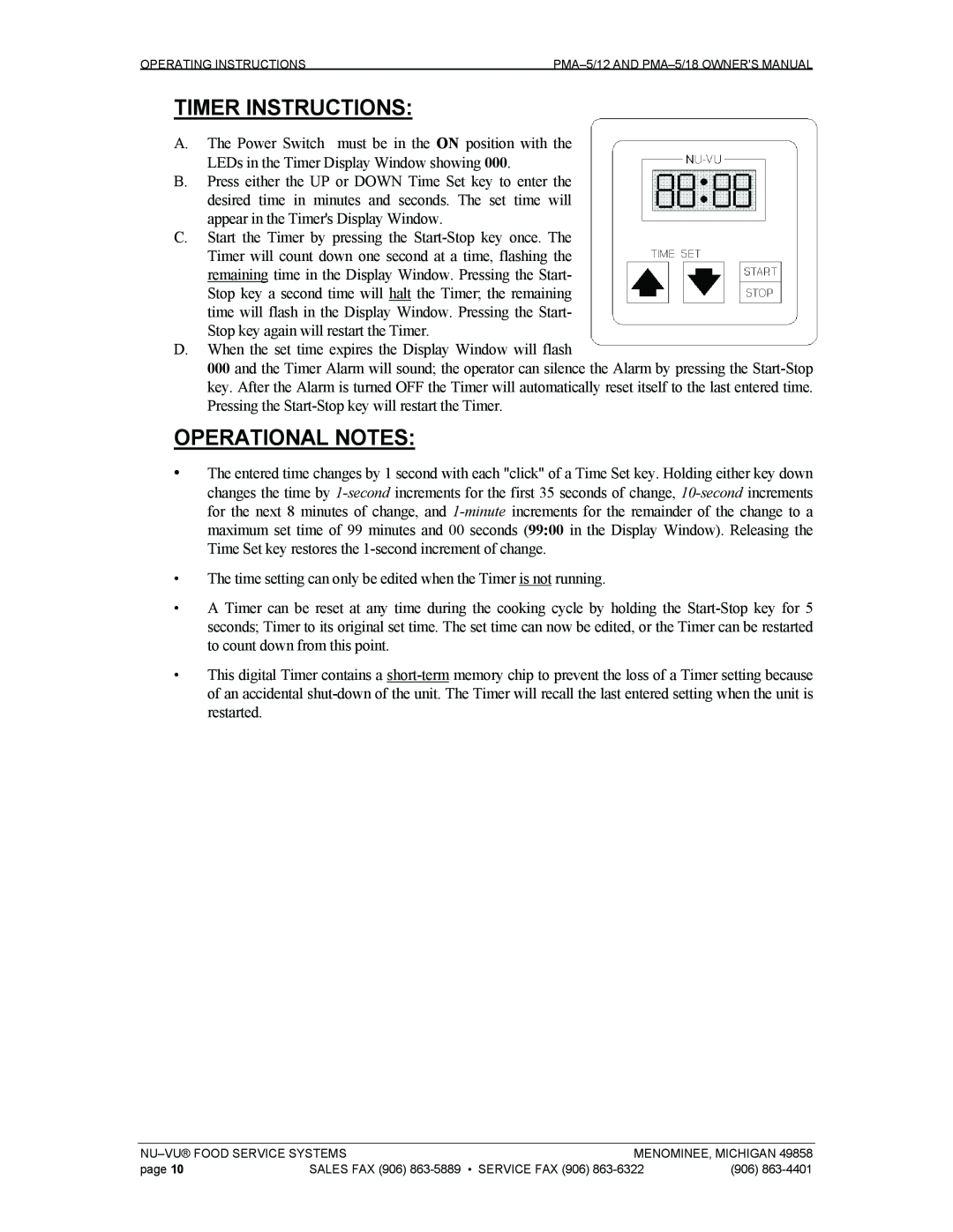 Nu-Vu PMA 5/18, PMA -5/12 owner manual Timer Instructions, Operational Notes 
