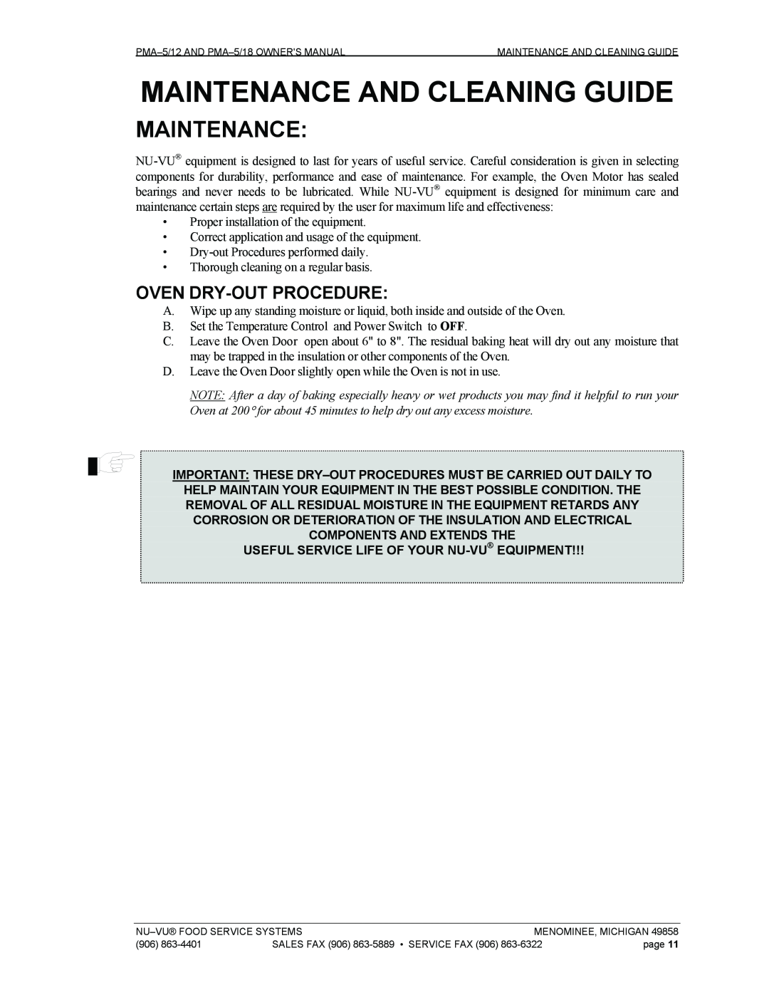 Nu-Vu PMA -5/12 Oven Dry-Outprocedure, Maintenance And Cleaning Guide, Useful Service Life Of Your Nu-Vu Equipment 