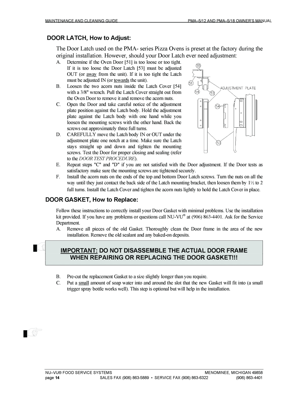 Nu-Vu PMA 5/18 DOOR LATCH, How to Adjust, DOOR GASKET, How to Replace, When Repairing Or Replacing The Door Gasket 