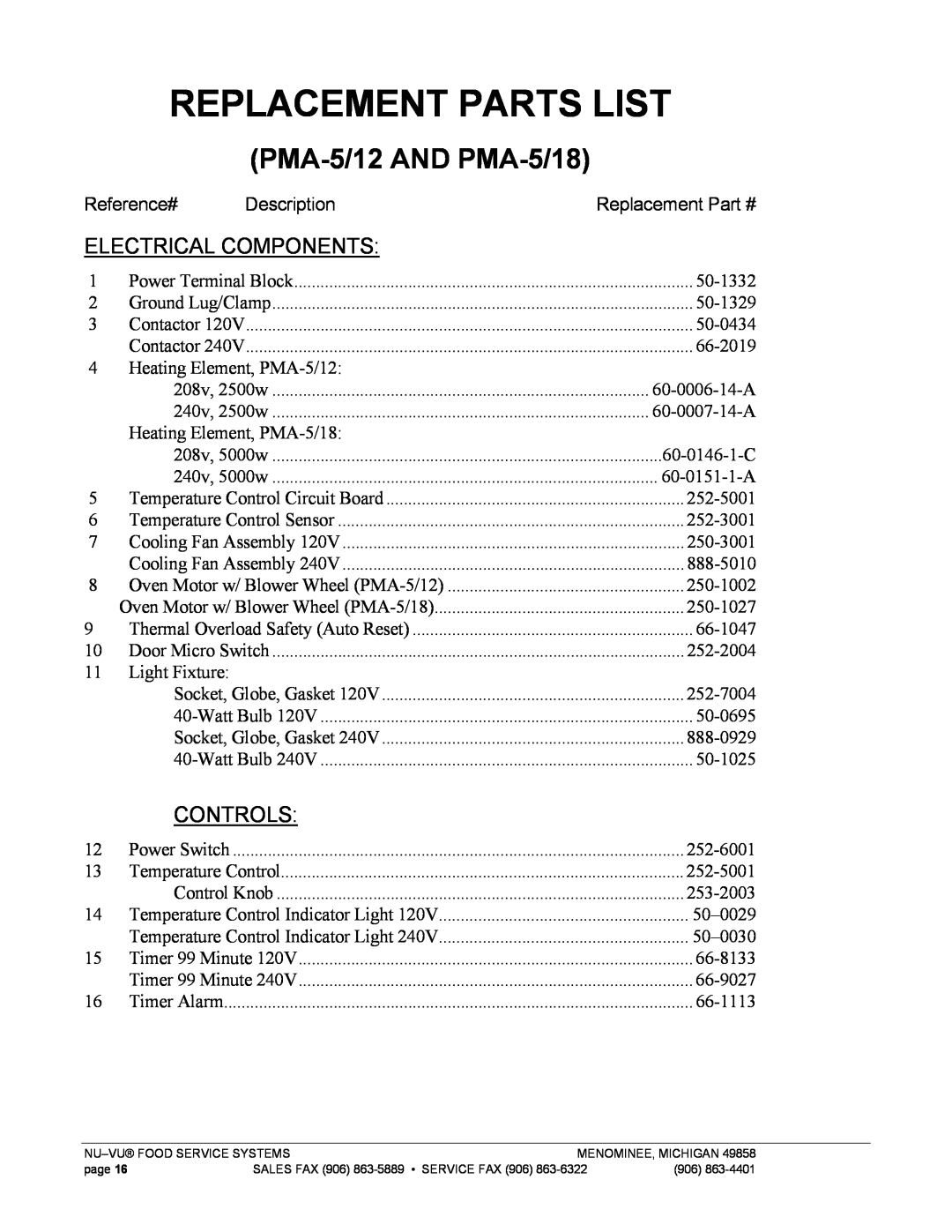 Nu-Vu PMA 5/18, PMA -5/12 owner manual Replacement Parts List, PMA-5/12AND PMA-5/18, Electrical Components, Controls 