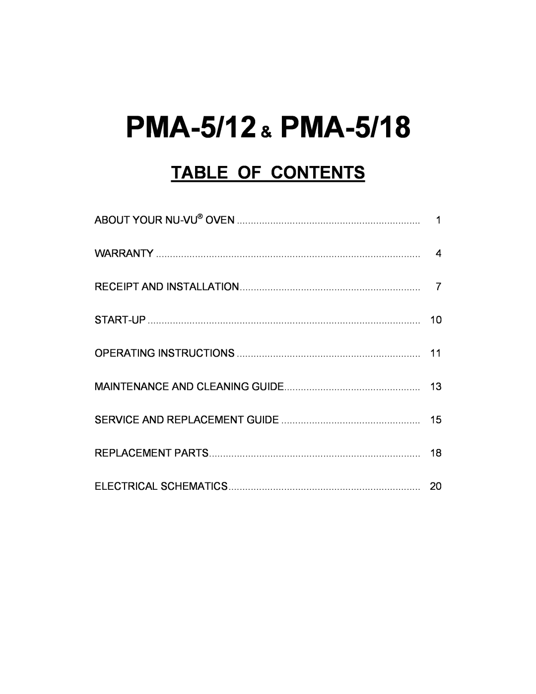 Nu-Vu PMA 5/18, PMA -5/12 owner manual PMA-5/12 & PMA-5/18, Table Of Contents 