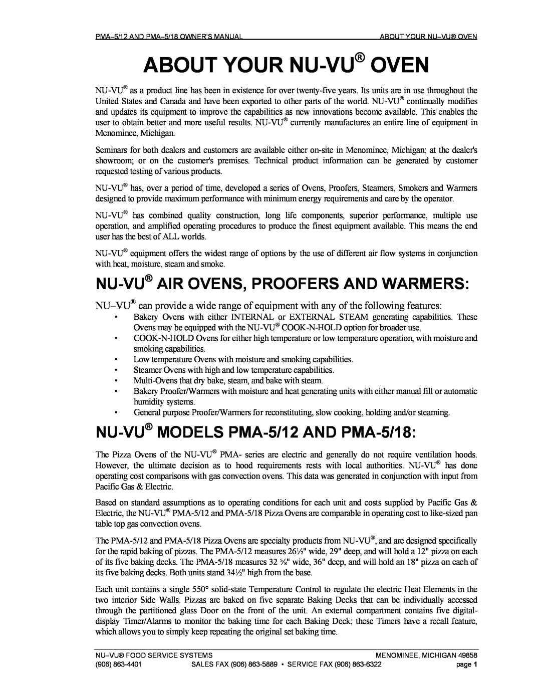 Nu-Vu PMA -5/12, PMA 5/18 About Your Nu-Vu Oven, Nu-Vu Air Ovens, Proofers And Warmers, NU-VU MODELS PMA-5/12AND PMA-5/18 