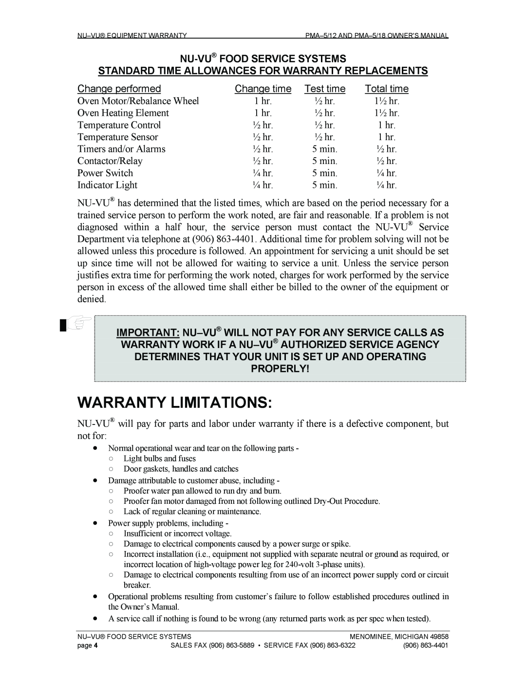 Nu-Vu PMA 5/18, PMA -5/12 owner manual Warranty Limitations, Change performed, Test time, Total time 
