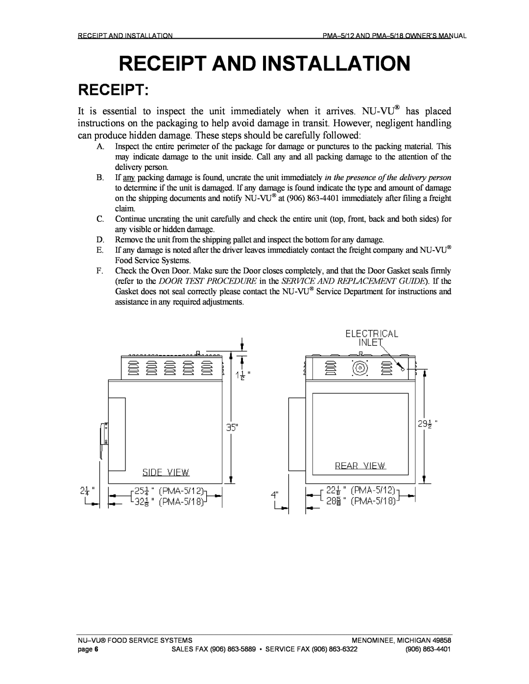 Nu-Vu PMA 5/18, PMA -5/12 owner manual Receipt And Installation 