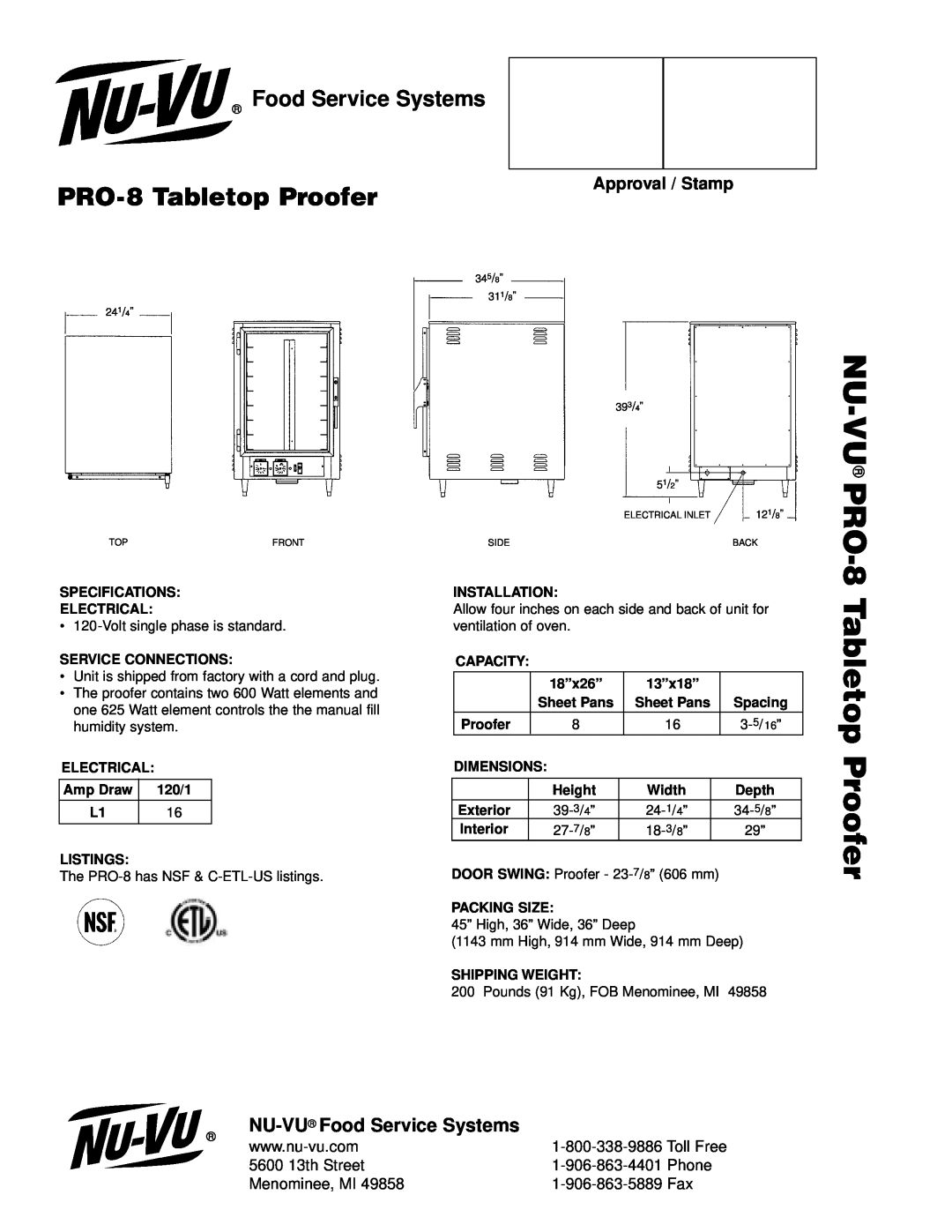 Nu-Vu Pro-8 NU-VU PRO-8, PRO-8Tabletop Proofer, NU-VU Food Service Systems, Approval / Stamp, 5600 13th Street 