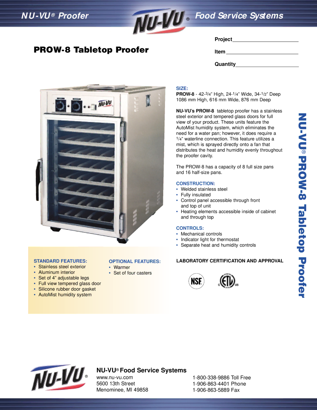 Nu-Vu PROW-8 manual NU-VUProofer, Food Service Systems 