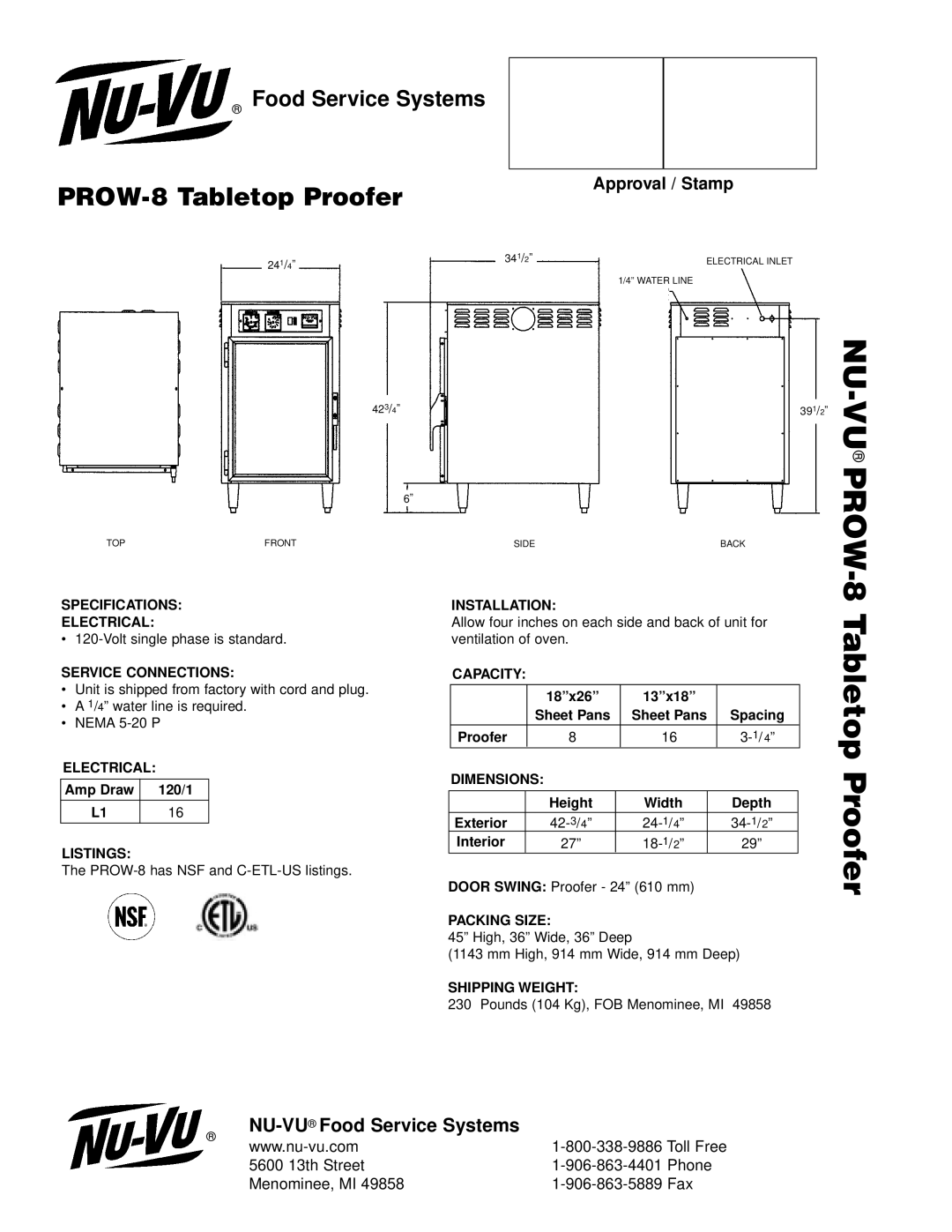 Nu-Vu manual NU-VUPROW-8 Tabletop Proofer 