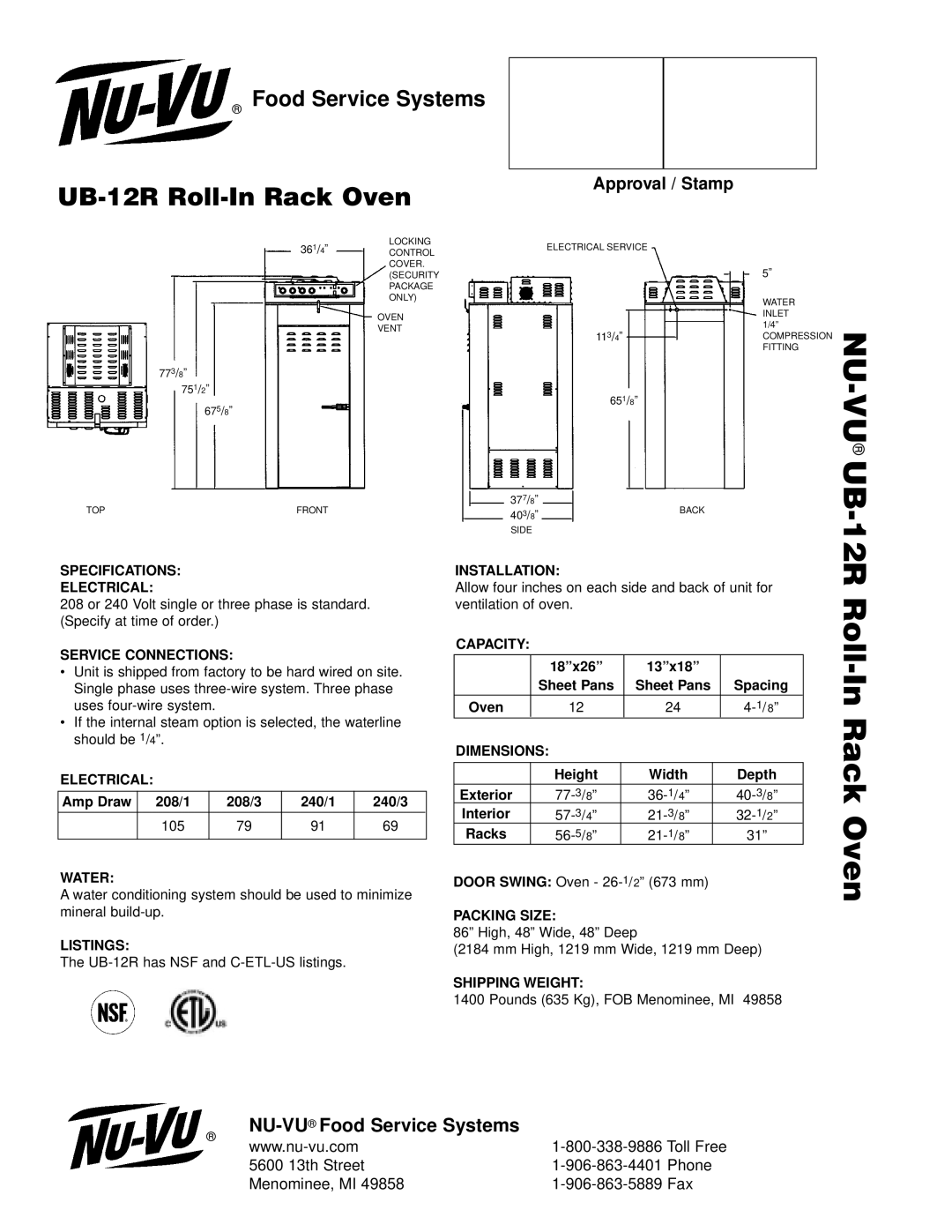 Nu-Vu UB-12R manual Specifications Electrical, Service Connections, Water, Listings, Installation, Capacity, Dimensions 