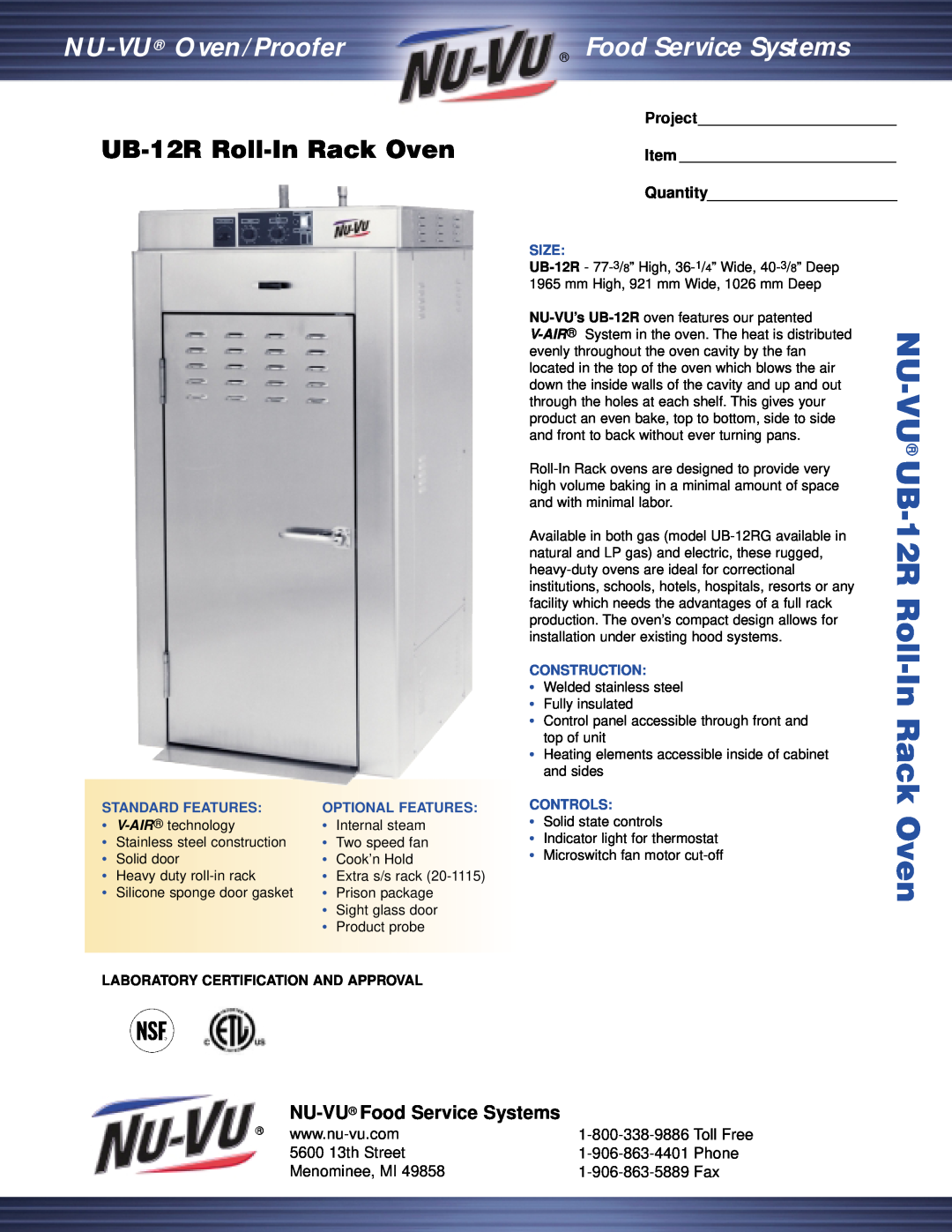 Nu-Vu manual UB-12R Roll-InRack Oven, NU-VU Food Service Systems, 5600 13th Street, Phone, Menominee, MI, Size 