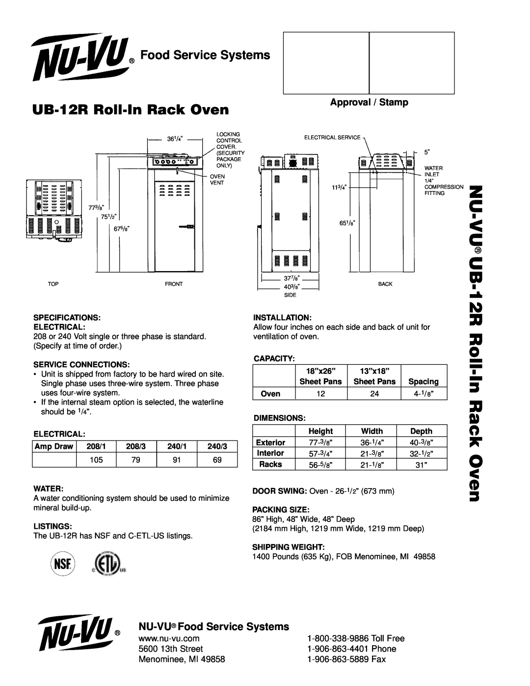Nu-Vu manual NU-VU UB-12R Roll-InRack Oven, NU-VU Food Service Systems, Approval / Stamp, 5600 13th Street, Phone 