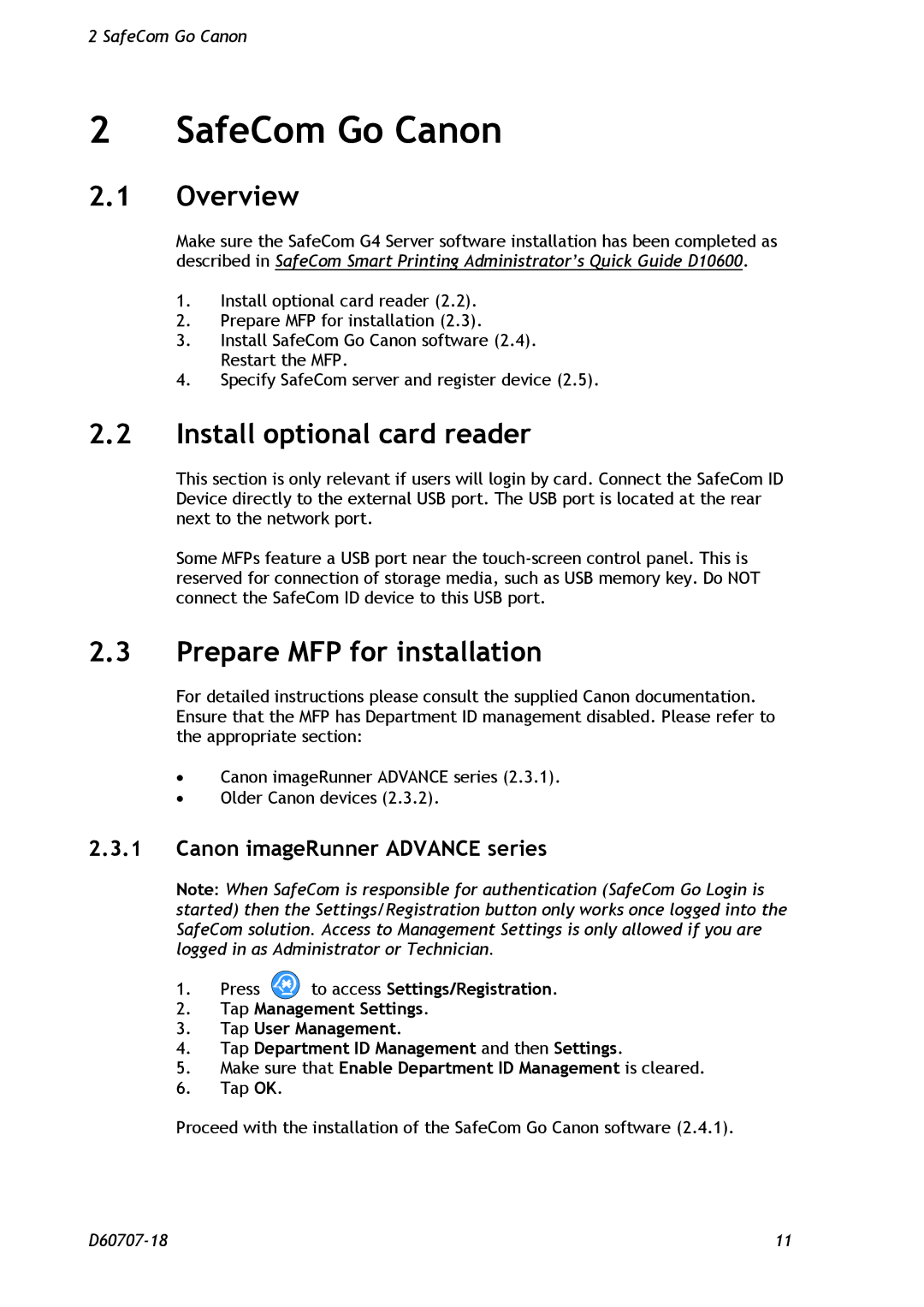 Nuance comm D60707-18 manual SafeCom Go Canon, Overview, Install optional card reader, Prepare MFP for installation 