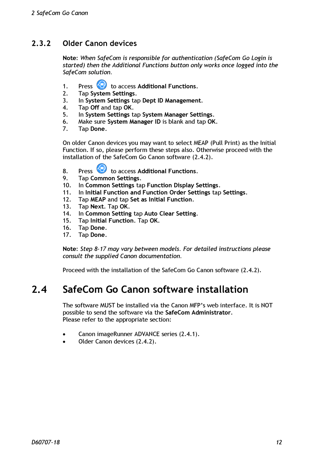 Nuance comm D60707-18 manual SafeCom Go Canon software installation, Older Canon devices 