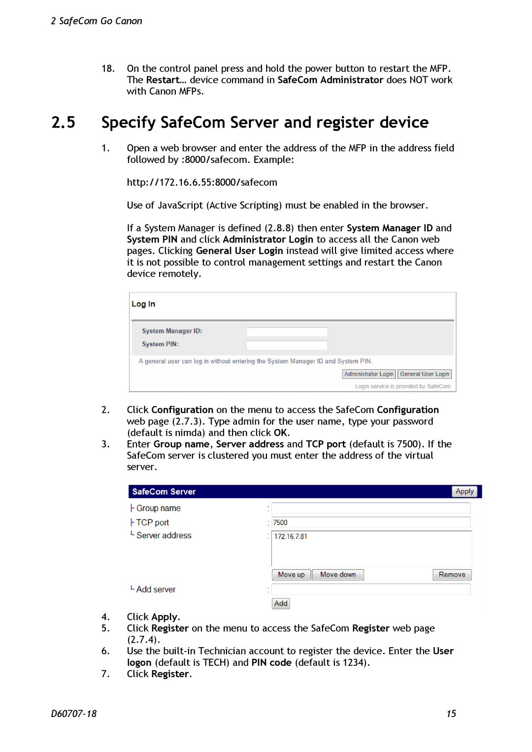 Nuance comm D60707-18 manual Specify SafeCom Server and register device, Click Register 