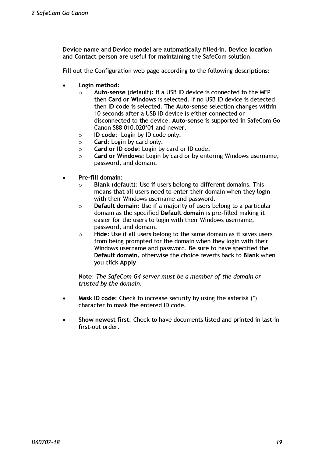 Nuance comm D60707-18 manual ∙ Login method, ∙ Pre-fill domain 