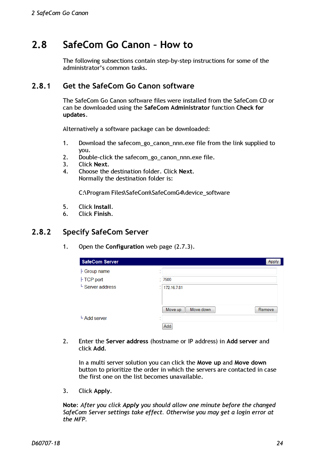 Nuance comm D60707-18 manual SafeCom Go Canon How to, Get the SafeCom Go Canon software, Specify SafeCom Server 