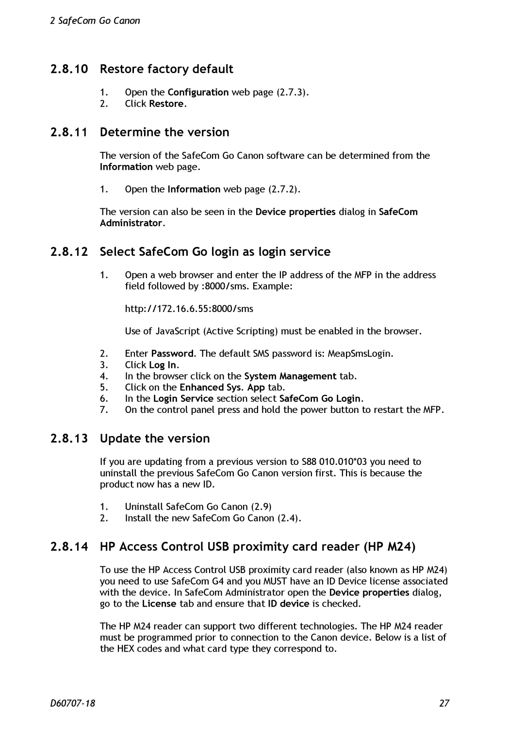 Nuance comm D60707-18 manual Restore factory default, Determine the version, Select SafeCom Go login as login service 