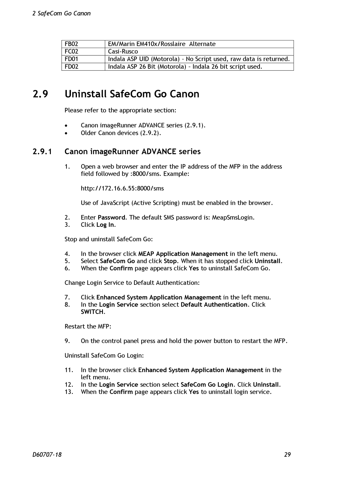 Nuance comm D60707-18 manual Uninstall SafeCom Go Canon, Switch 