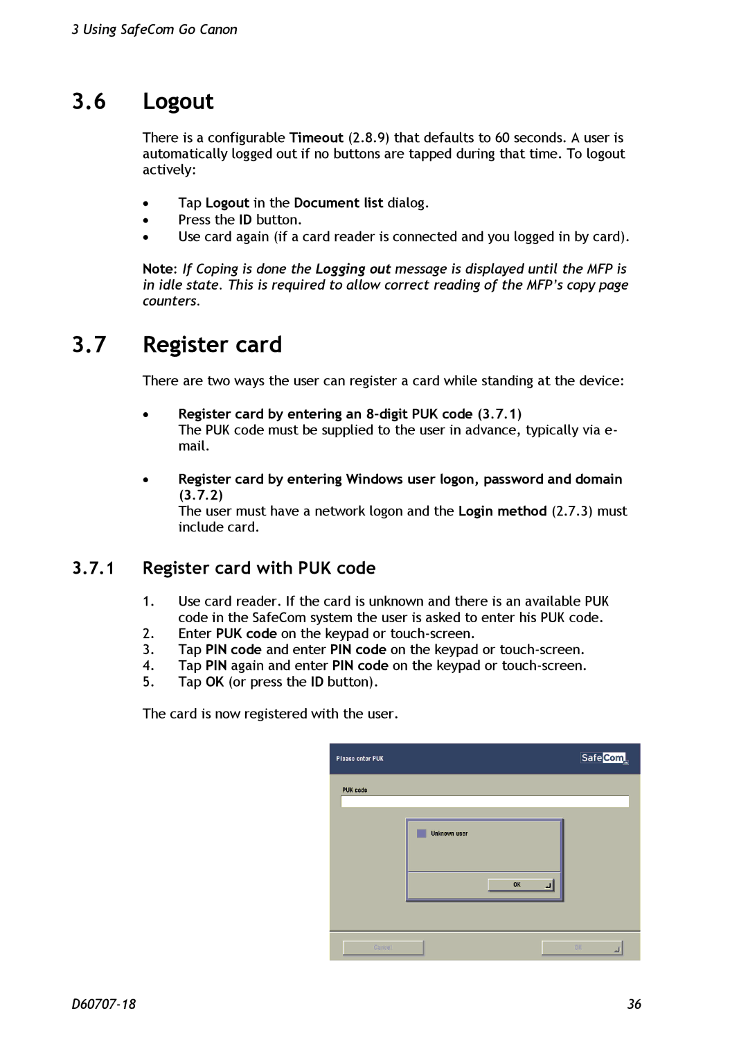 Nuance comm D60707-18 manual Register card with PUK code, ∙ Tap Logout in the Document list dialog 