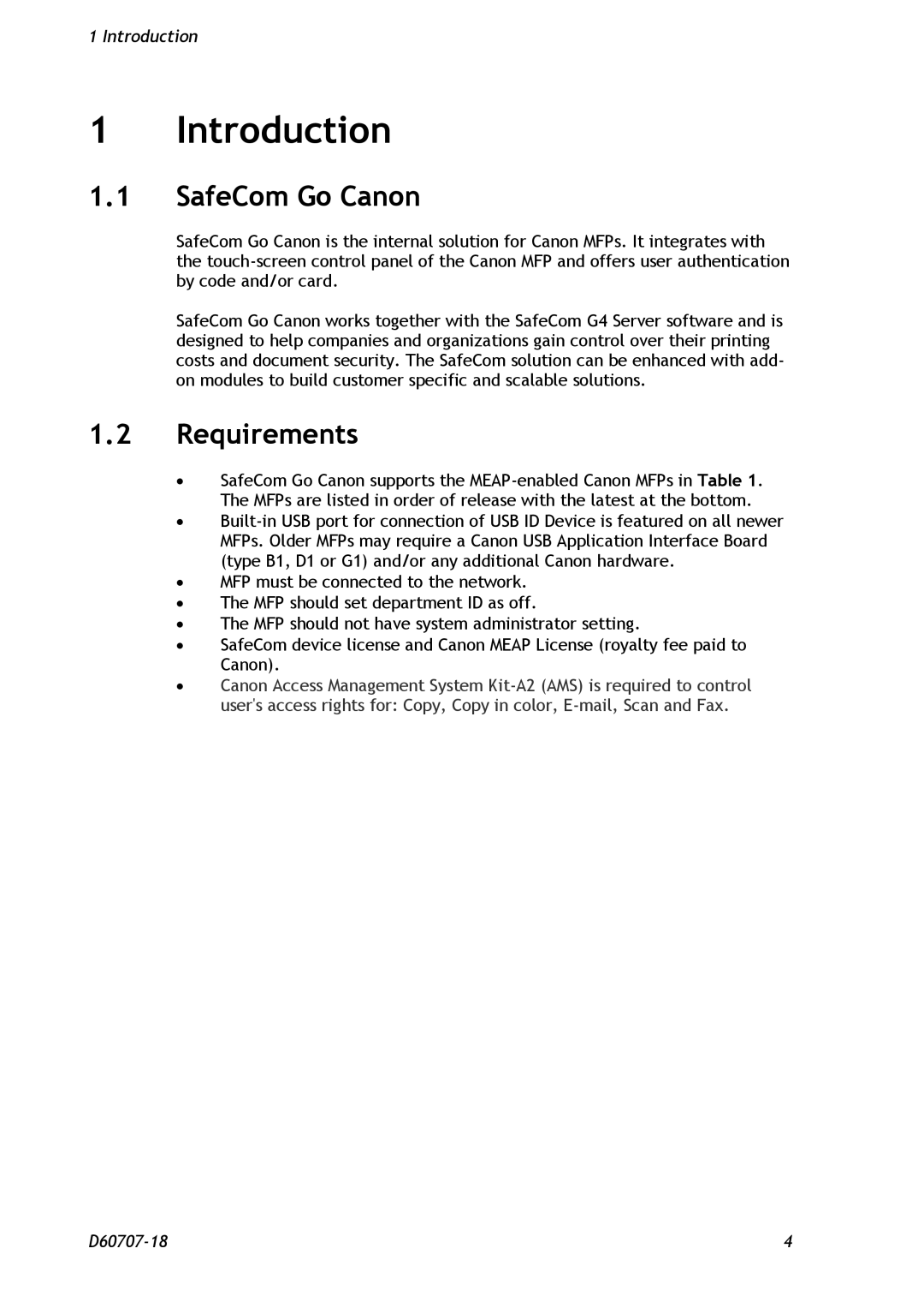 Nuance comm D60707-18 manual Introduction, SafeCom Go Canon, Requirements 